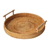 round hand woven fruit storage basket rattan bread serving handcrafted tray platter with wooden handle classic