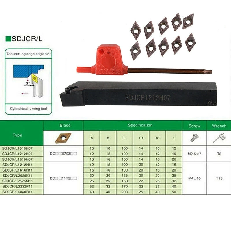 

10Pc DCMT0702 Carbide Insert +SDJCR1212H07 Boring Bar Lathe Turning Tool +Wrench