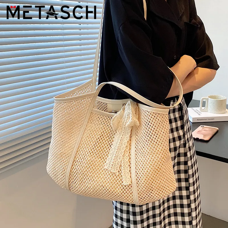 

METASCH 2021 S/S Composite Bag Casual Big Tote Bag Straw Bag With Gift Ribbon Women Handbag Beach Bag Holiday Bag Luxury Style