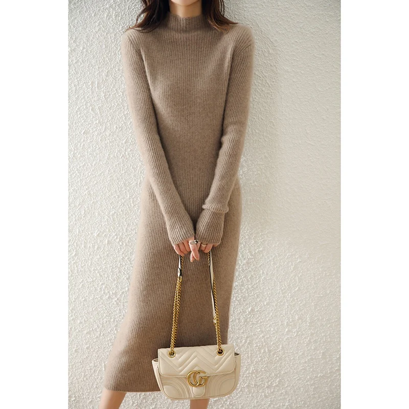 Autumn and winter cashmere dress slim fit buttocks super long 100 wool knit bottoming long skirt over the knee sweater skirt
