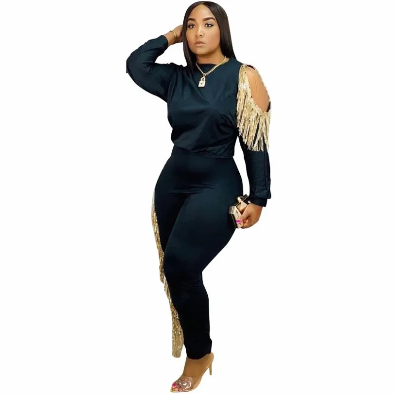 

2020 New Spring Autumn Women's Set Tracksuit O Neck Full Sleeve Top Pants Suit Tassel Two Piece Set Casual Night Club Outfits