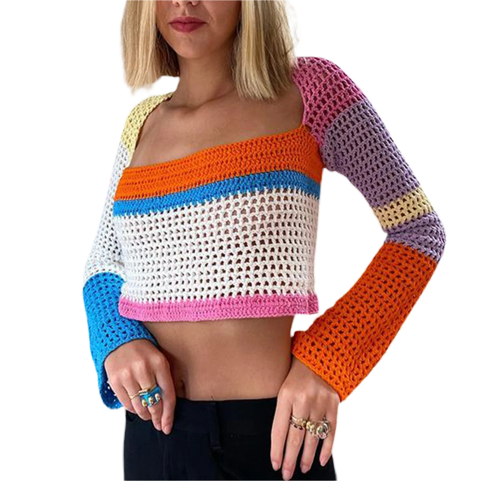 

Hollow Out Knitted T Shirt Women Crochet Knit Crop Tops Long Sleeve Color Block Hollow Out Regular Fit T-Shirts Fashion Sexy Tee