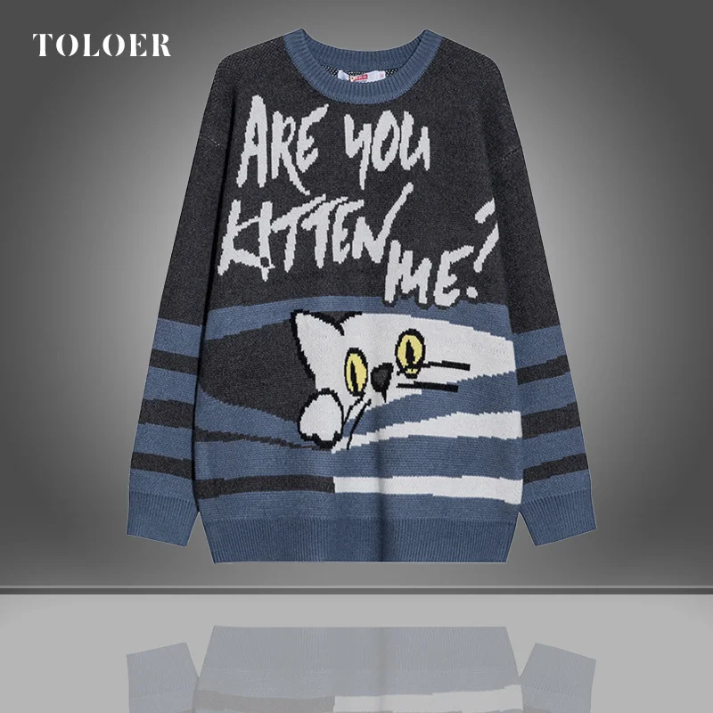 

Men Sweater Cartoon Funny Cat Print O-Neck Pullover Sweaters Mens Soft Casual Trendy Fashion Autumn Streetwear Kitten Pattern