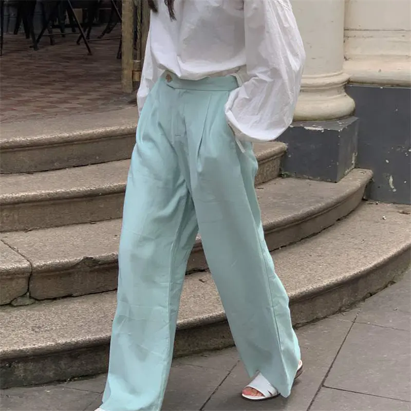 

Peppermint Green Wide Leg Trousers Leisure 2022 Streetwear Chic Straight Large Size Casual Solid Loose High Quality Pants