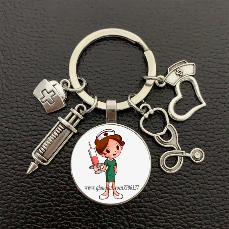 

Latest Home Stethoscope Nurse Syringe Picture Keychain 25mm Round Convex Glass Dome Pendant Men and Women Fashion Charm Keychain