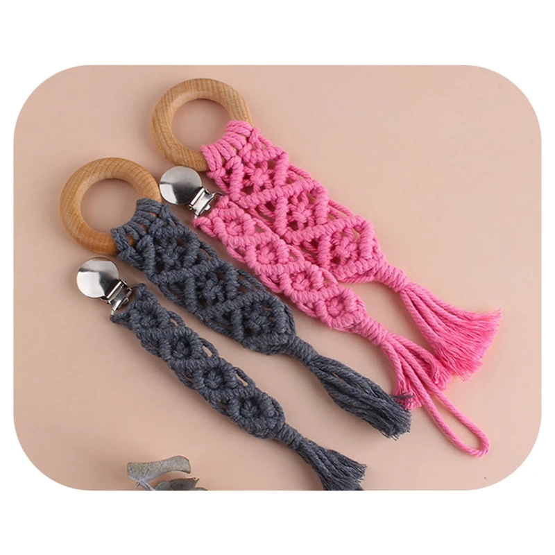 

2 Pcs Baby Weave Pacifier Chain Clip Teether Rattles Set Nipple Holder Infant Wooden Teething Soother Molar Toy