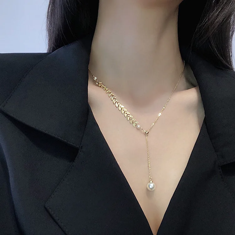 

Exquisite Women Stainless Steel Wheat Choker Pearl Pendant Necklace Casual Party Plated Clavicle Necklace Jewelry