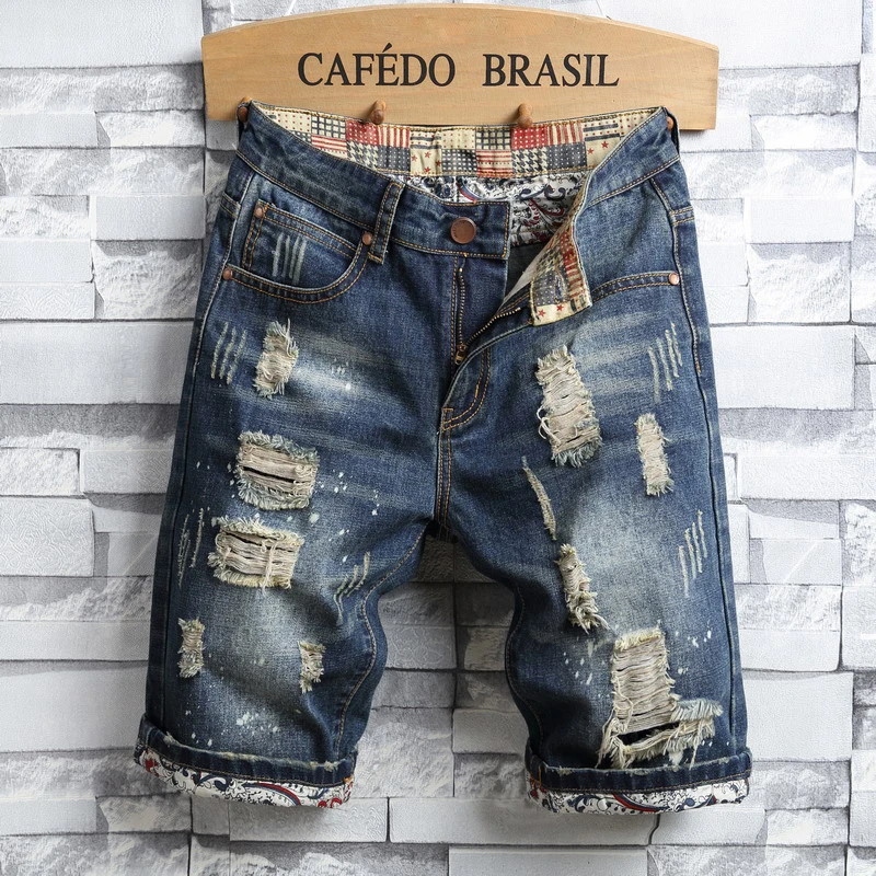

2021 Summer New Men Vintage Ripped Short Jeans Streetwear Hole Slim Denim Shorts Male Brand Clothes