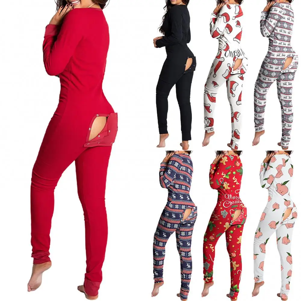 2022 Women Christmas Onesies With Butt Flap For Adults Sexy Sleepwear Romper Open Butt Pajamas Jumpsuit Xmas Pyjama Long Nightie