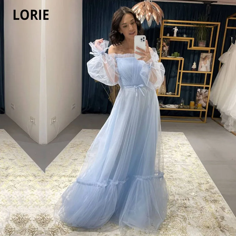 LORIE Baby Blue Prom Gowns Boat Neck Puff Long Sleeves Tulle A-Line Long Arabic Evening Dress Wedding Party Dress for Graduation (0)