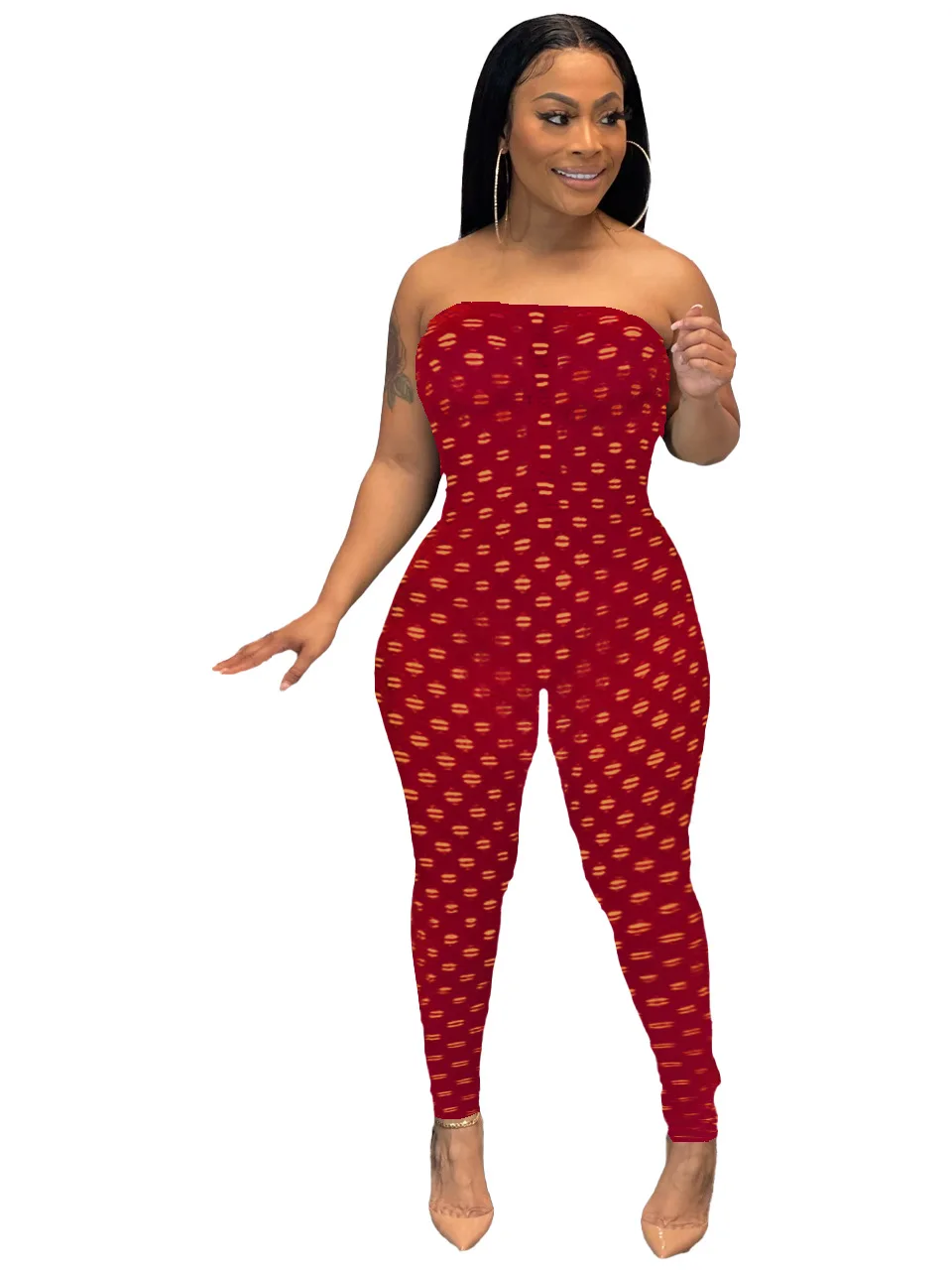 

SSEURAT Women Gauze Hollow Out Jumpsuit Sexy Streetwear Strapless Sleeveless One piece Overall Romper Outfit Playsuit