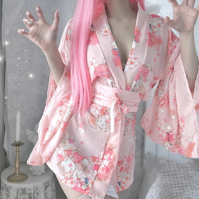 

Japanese Kimono Bathrobe Sexy Pajamas Underwear Uniform Temptation Female Sleepwear Silk Robes for Women Kimono Satin Robe