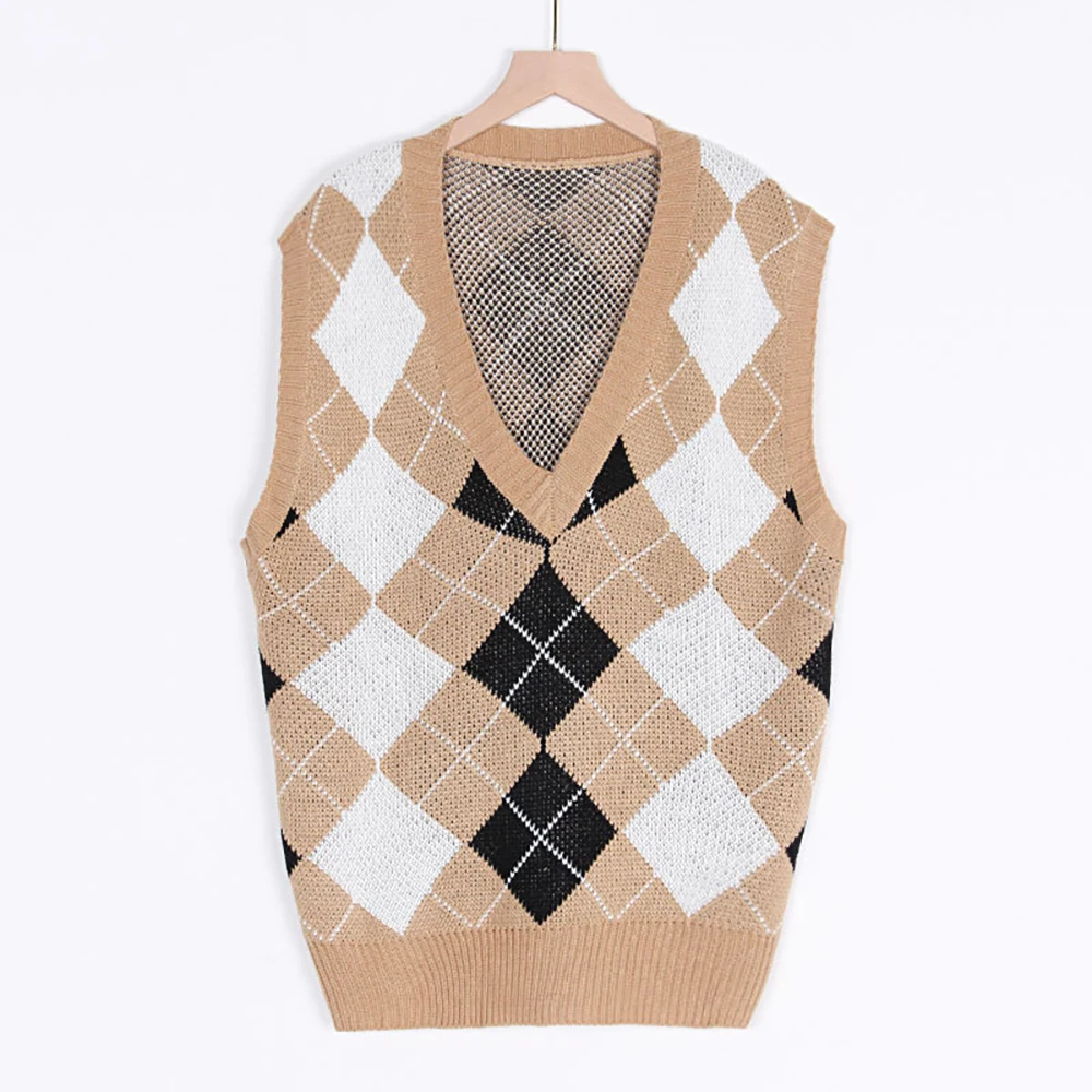 

Autumn And Winter New European And American Preppy Style Diamond V-Neck Casual Loose Sleeveless Knitted Vest Sweater Women