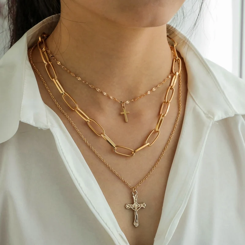 

Statement Layered Necklace Multilayer Cross Necklace Female Exquisite Retro Three Layer Clavicle Chain Gold Choker