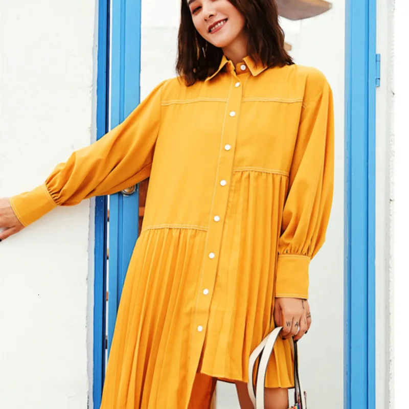 LANMREM Solid Color Lapel Long Sleeve Stitching Pleats Irregular Woman Dress Sweet Casual Simple Fashion Spring New TV539