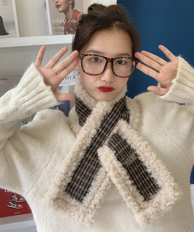 

Vintage British Style Winter Women Snood Scarf Warm Thick Striped Plaid Fleece Neckerchief Gaiter Wraps Femme Muffler Collar