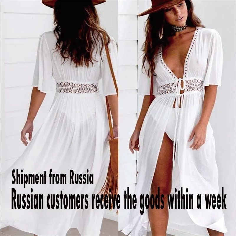 

Женская накидка на бикини, парео, Пляжное длинное богемное платье макси, кружевной белый халат с V-образным вырезом, купальный костюм, пляжна...