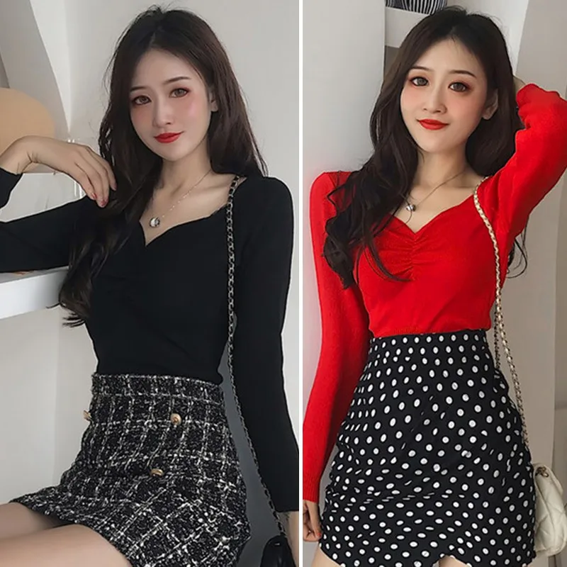 

Fashion Girls Sweaters Women Solid Color V Neck Autumn Ladies Knitwear Pullover Femme Sweater Korean Style