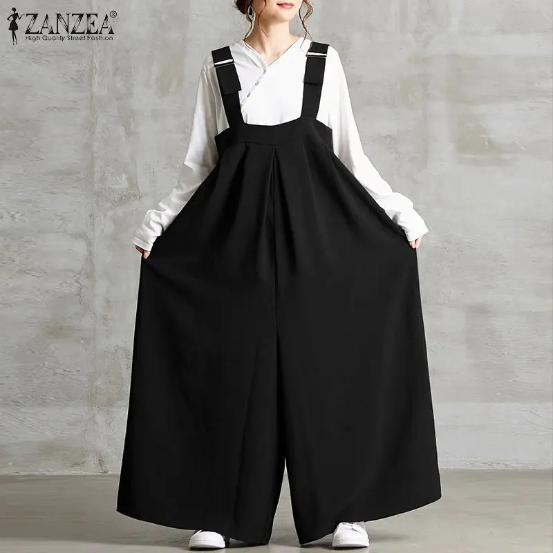 

Fashion High Waist Rompers ZANZEA Women Wide Leg Jumpsuits Solid Loose Overalls Spring Summer Playsuits Streetwear Suspenders 7