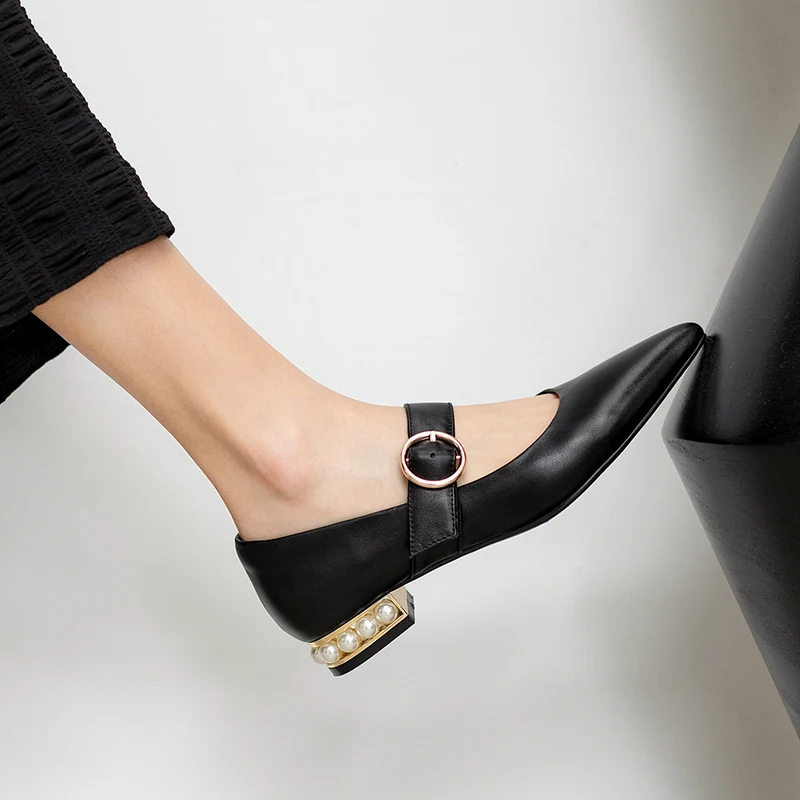 

Women Shoes Natural Leather pumps 22-24.5cm cowhide Sheepskin insole heels women Pointed toe pearl heel Mary Jane shoes spring