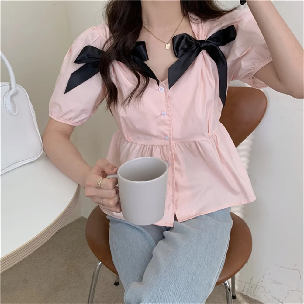 

Bow French Slim Puff Sleeves 2021 Loose Korean Gentle Casual Stylish Women Tops Summer Shirts Chic Lady Fashion Blouses