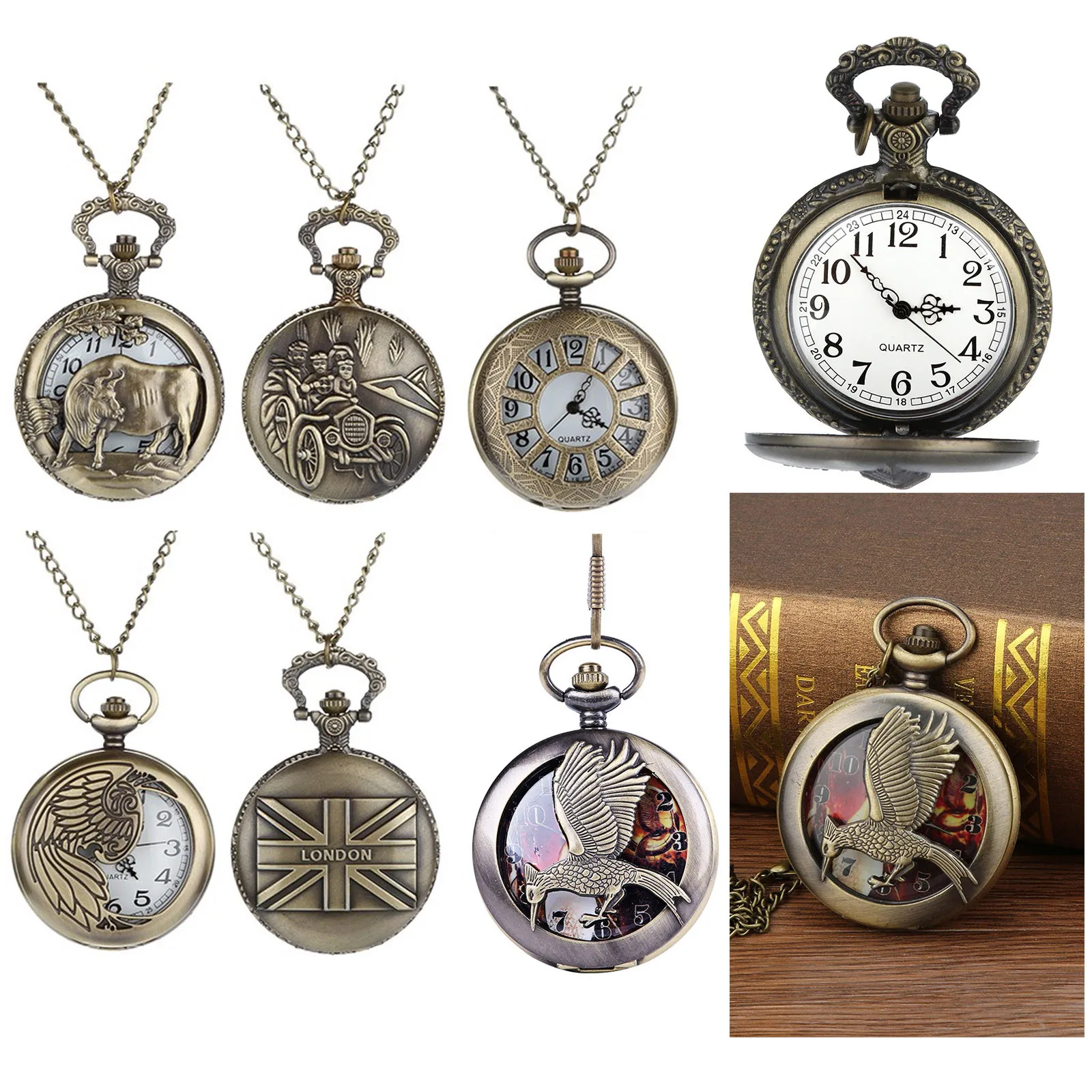 

Quartz Pocket Watch Chain Necklace Fashion Personalized Pattern Steampunk Vintage Roman Numerals Pendant Fob Watch Gift Clock W3