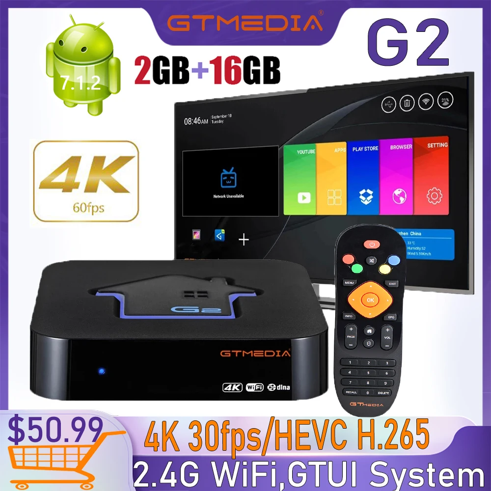 

ТВ-приставка GTmedia G2 4K, Android 7,1, 2 + 16 ГБ, Wi-Fi, Google Cast, Netflix