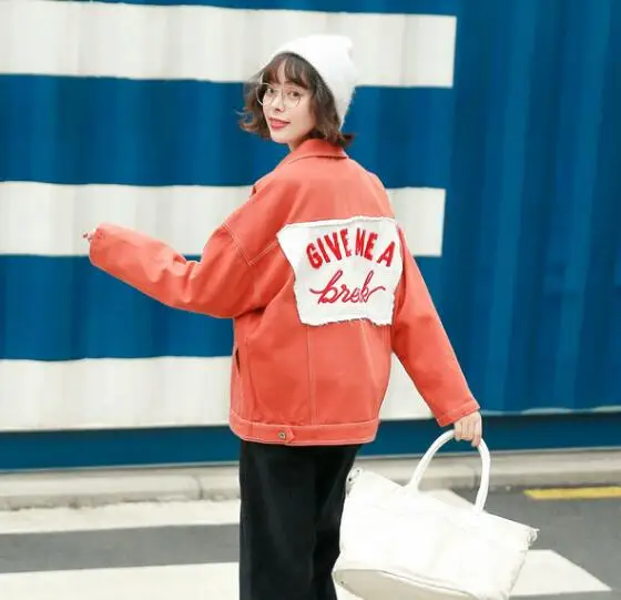 2017 Autumn New Korean Loose Women Preppy Style Denim Coat Letter Embroidery Fashion Jacket | Женская одежда