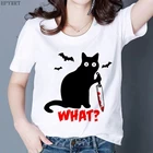 Женская футболка с принтом Black Cat WHAT, забавная летняя футболка в стиле Харадзюку, топ с коротким рукавом, большие размеры