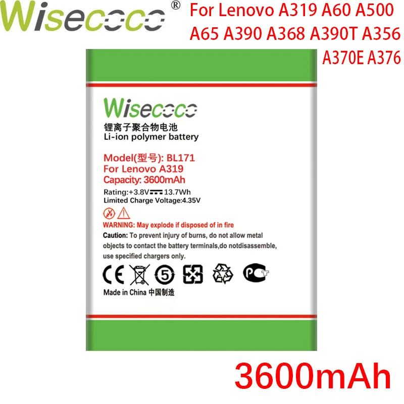 Аккумулятор Wisecoco 3600 мАч BL171 для телефона Lenovo A319 A60 A500 A65 A390 A368 A390T A356 A370E A376|Батареи