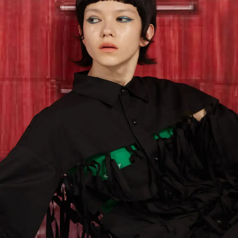 

XITAO Hollow Out Sexy Irregular Blouse Women Clothes 2021 Spring New Fashion Turn Down Collar Tassel Long Sleeve Shirt ZY5622