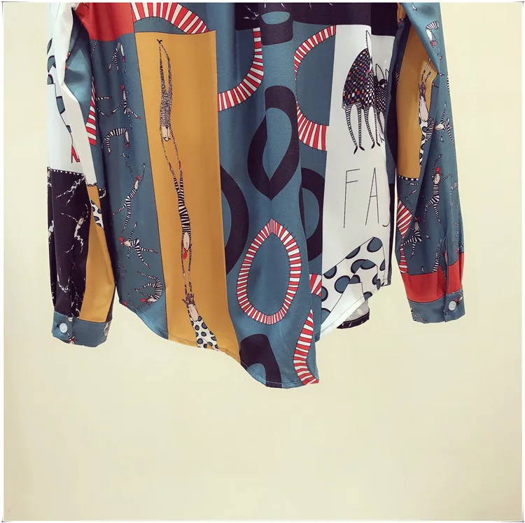 

Contrasting Color Retro Hong Kong-style Printed Shirt 2021 Early Spring New Design Sense Niche Suit Collar Shirt Blouse Trendy