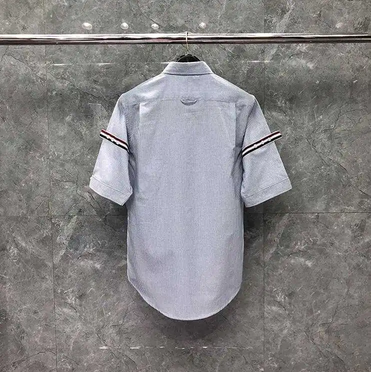 

Рубашка мужская приталенная с короткими рукавами, модная брендовая Повседневная, из ткани Оксфорд, в синюю полоску, на лето, 2021