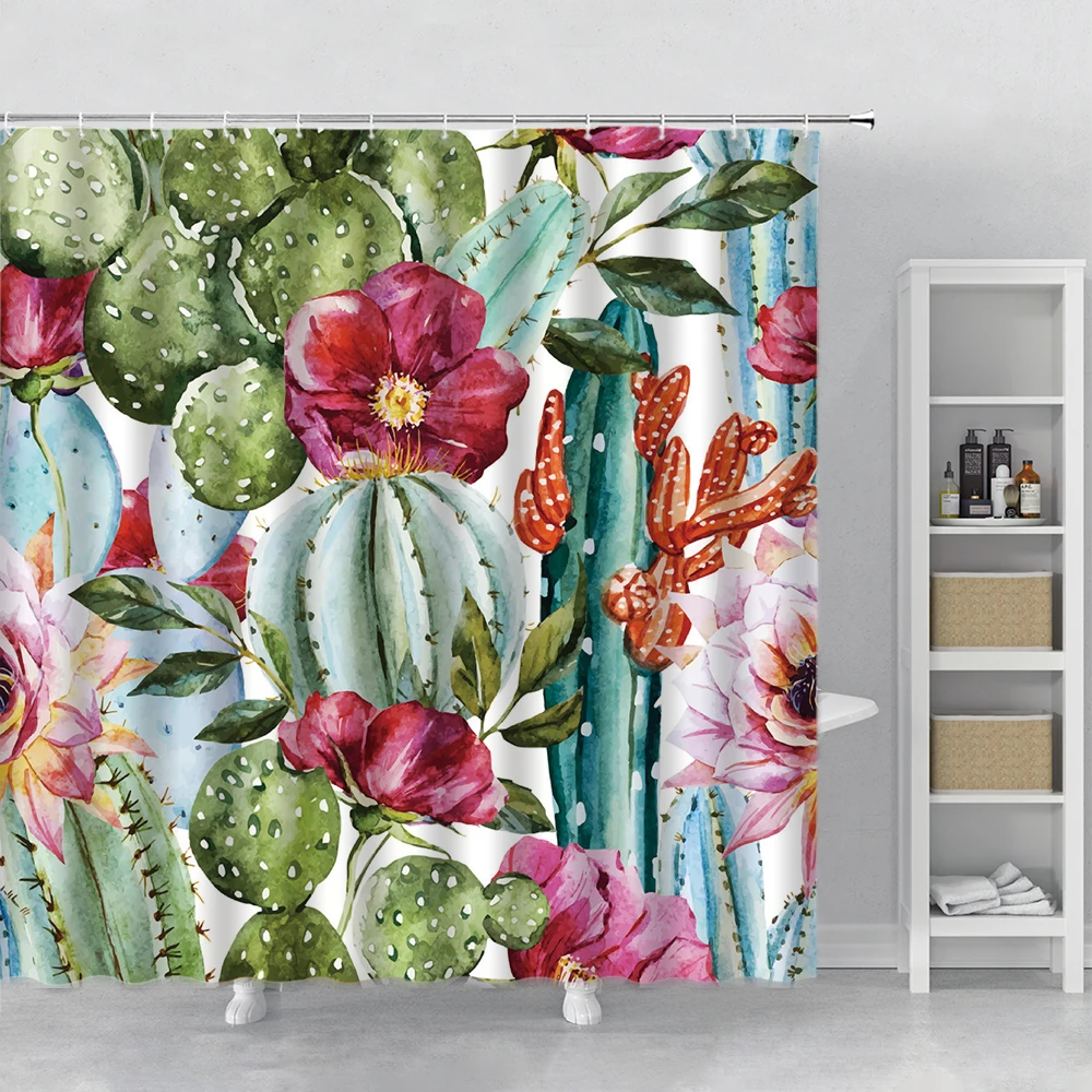

Green Cactus Printed Curtains For Bathroom Decoration Palm Leaves Shower Curtains Set With Hooks Bath Decor douchegordijn 3d
