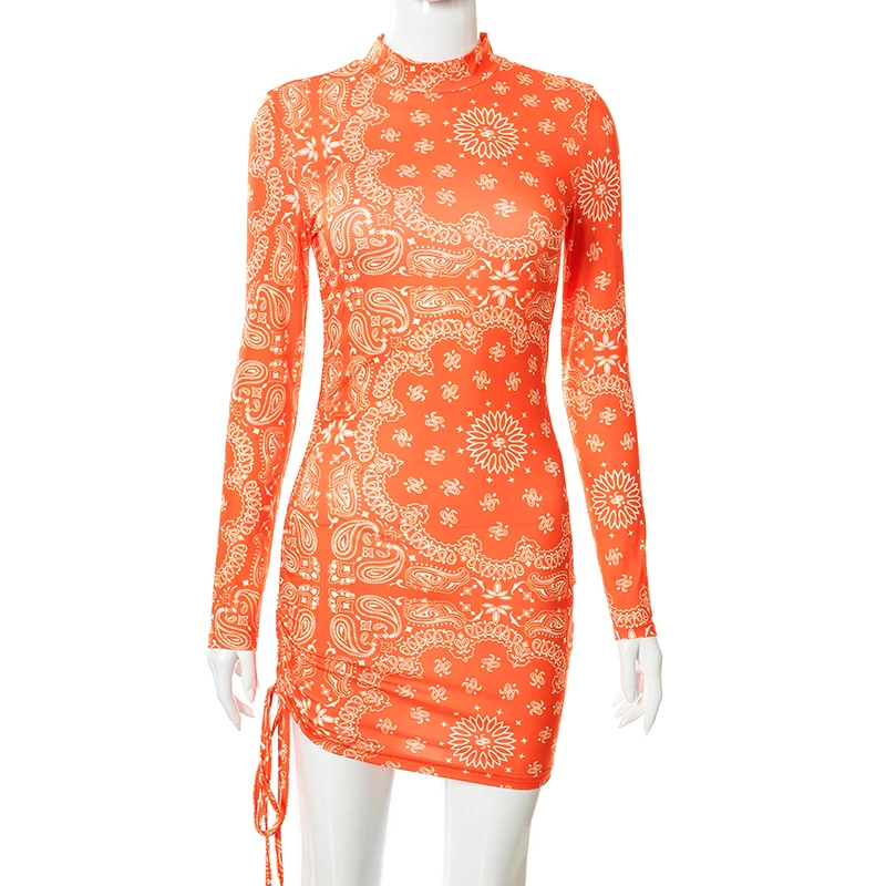 Женское повседневное облегающее платье с принтом длинным рукавом и круглым