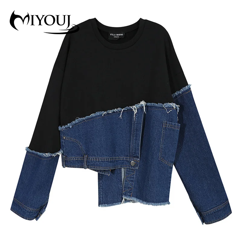 

Короткие повседневные топы MIYOUJ с длинным рукавом, модная новинка 2020, осенние женские свитшоты в стиле пэчворк