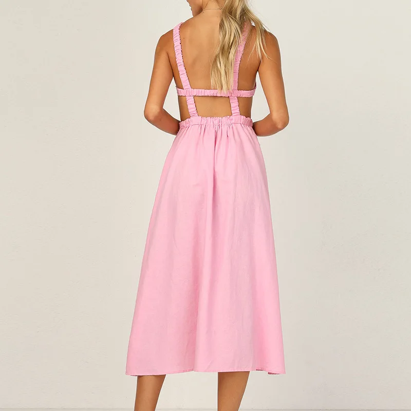 

Vintage Summer Backless Female Party Dress Vestidos Elegant Slim Solid Color Strap Women Dress Female Slip Pleated Maxi Dresses