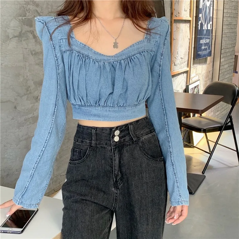 

denim blusas mujer de moda feminina Ulzzang Women crop top blouses femme square colllar spring fall long sleeve Shirts Fashion
