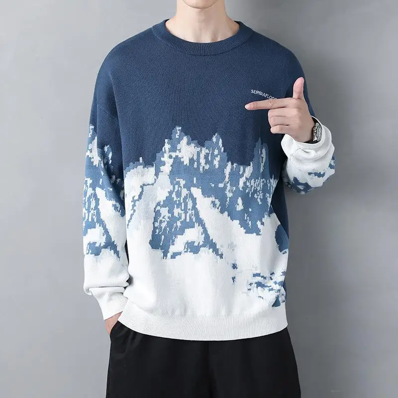 

Autumn Winter Sweater Men Fashion Casual Striped Pull Homme Cotton Knitwear Pullover Snow Mountain O-Neck Long Sleeved Sweater