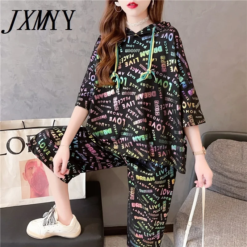 

ICCLEK JXMYY 2021 Fashion Casual Design Sense Trousers Short-Sleeved T-Shirt Suit New Female Age-Reducing Trousers Two-Pie