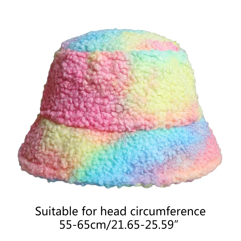 

Women Winter Thicken Warm Faux Fleece Bucket Hat Gradient Rainbow Tie-Dye Harajuku Sunscreen Adjustable Fisherman Cap