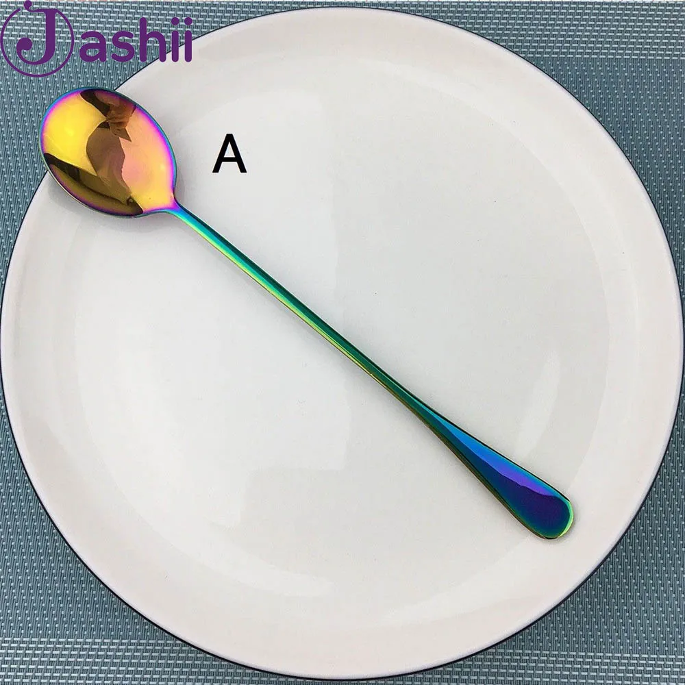 

JASHII Long Stainless Steel Cream Ice Handled Good Dessert Coffee Spoon Rainbow Black Fruit Coffee Tea Spoon Juice For