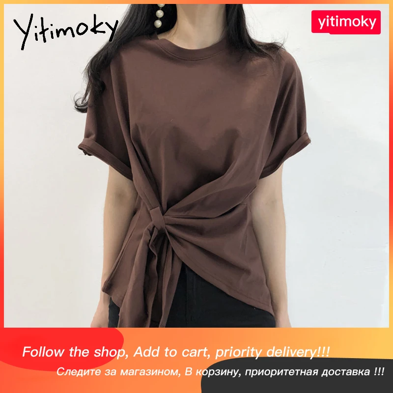 

Женские Асимметричные рубашки Yitimoky, белые футболки большого размера с круглым вырезом, топы, модная летняя короткая однотонная одежда, Своб...