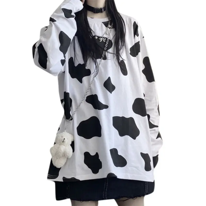

Women Long Sleeve Cow Print T-Shirt Top Summer Casual Loose Basic Baggy Blouse