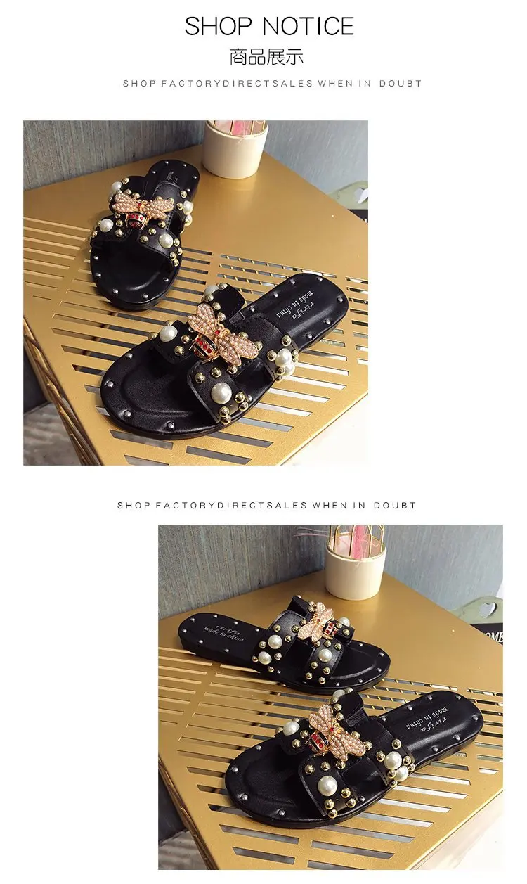 Обувь с металлической Пчелой; шлепанцы с жемчугом; летние женские удобные мягкие шлепанцы на плоской подошве в стиле ретро с заклепками на низком каблуке
