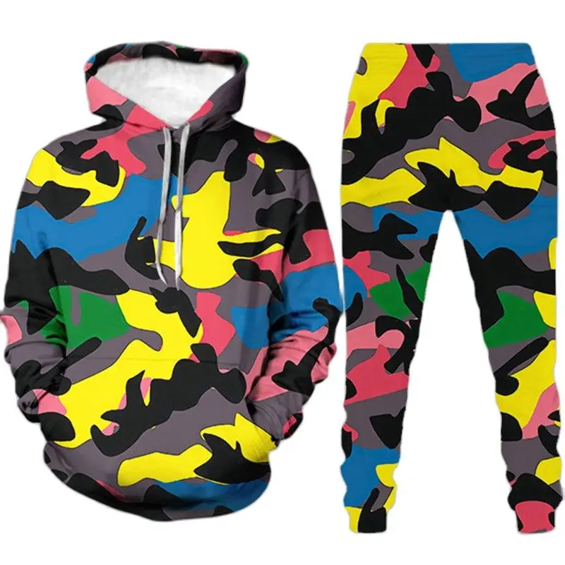 

2021 New Hoodie Spring and Autumn Fashion Sports Suit 3D Camouflage Printing Men's and Women's Casual Long-sleeved Top + Pants