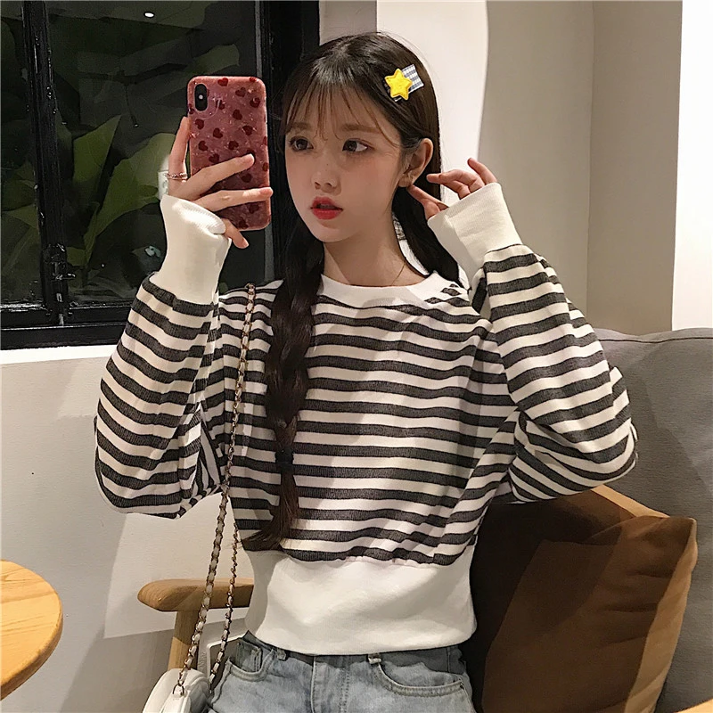 

crop top casual Fake two pieces Korean style striped tops full o-neck pullovers Women's Clothing Sweatshirts Spring and autumn
