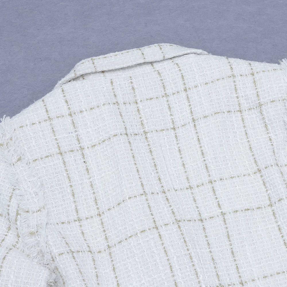 

Winter Fashion Tweed Women White Long Sleeve V-Neck Double Breasted Mini Vintage Elegant Ladies Dress