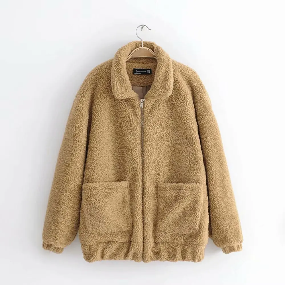 

Elegant Lamb Wool Coat Women Autumn Winter Warm Soft Zipper Jacket Female Plush Overcoat Pocket Casual Outwear