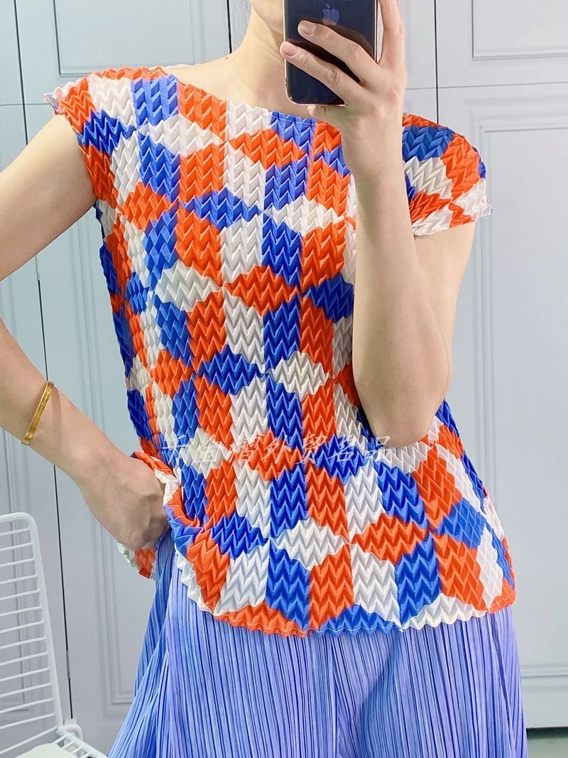 

Женская плиссированная футболка миаке, летняя дизайнерская футболка в клетку с принтом, модные плиссированные топы в клетку, 2021